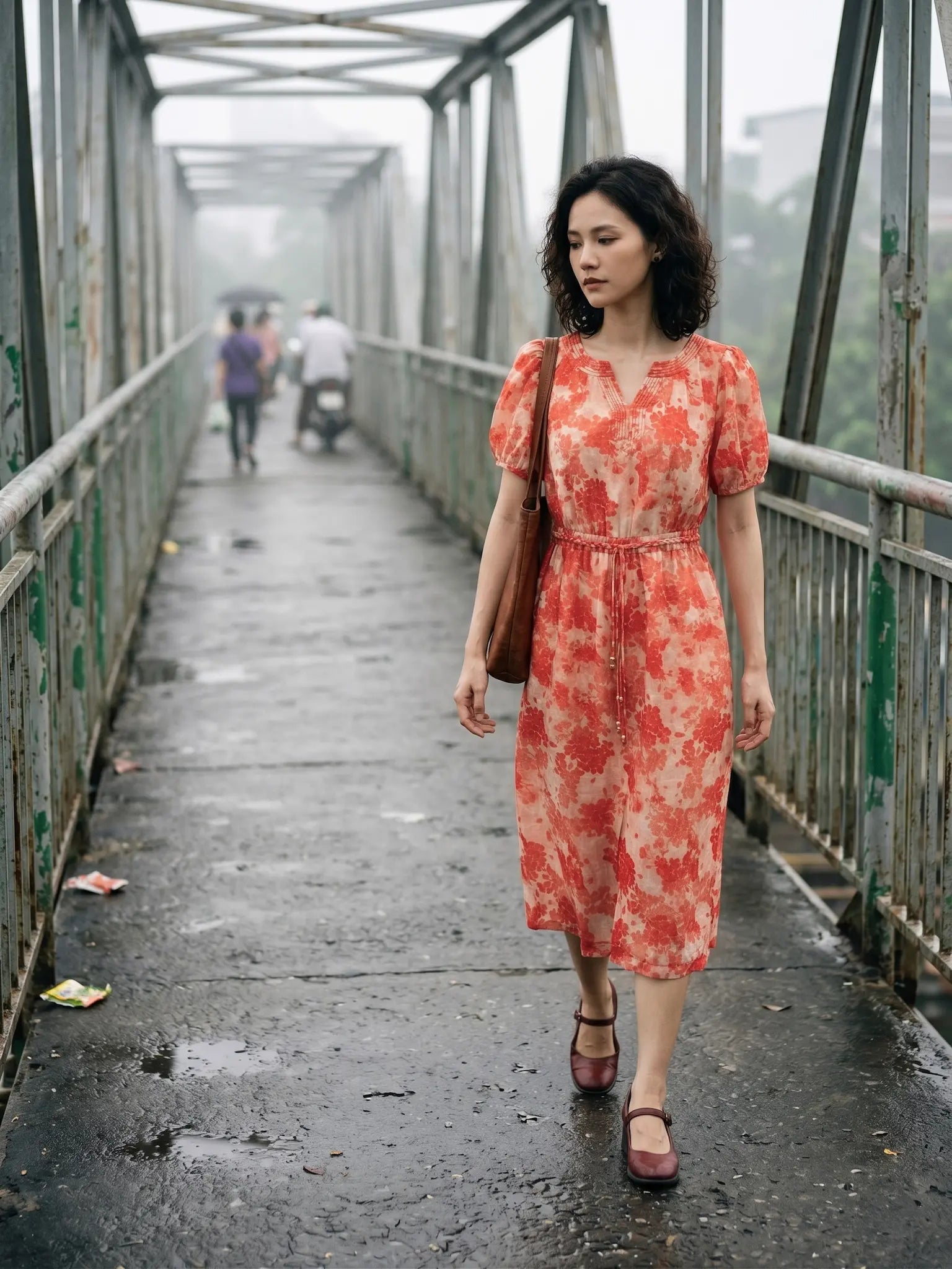 Đầm hoa thắt eo vải gai xanh ramie thời trang Hity