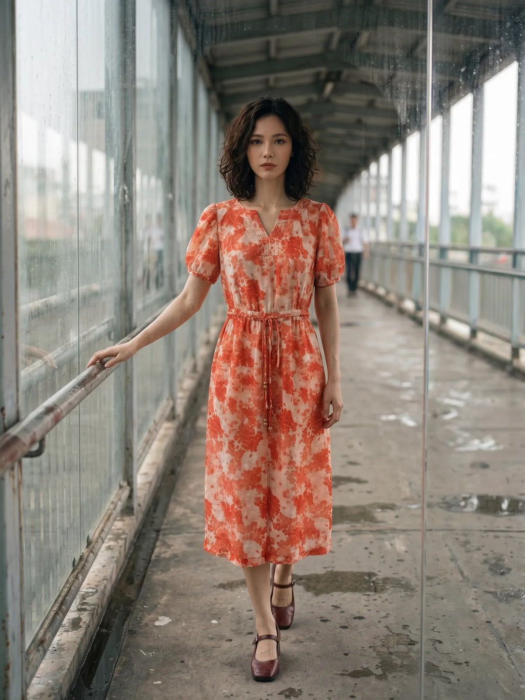 Đầm hoa thắt eo vải gai xanh ramie thời trang Hity
