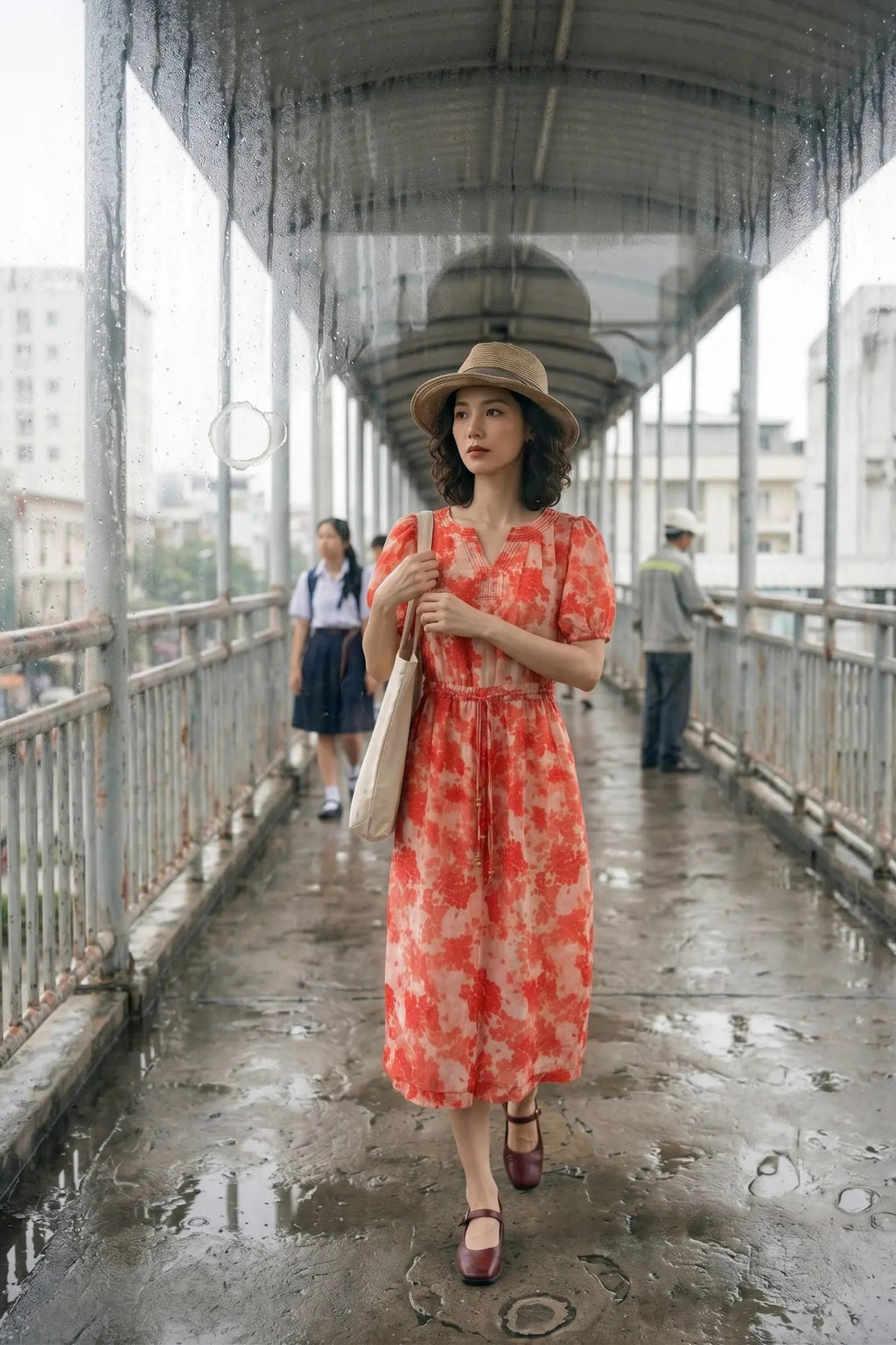 Đầm hoa thắt eo vải gai xanh ramie thời trang Hity
