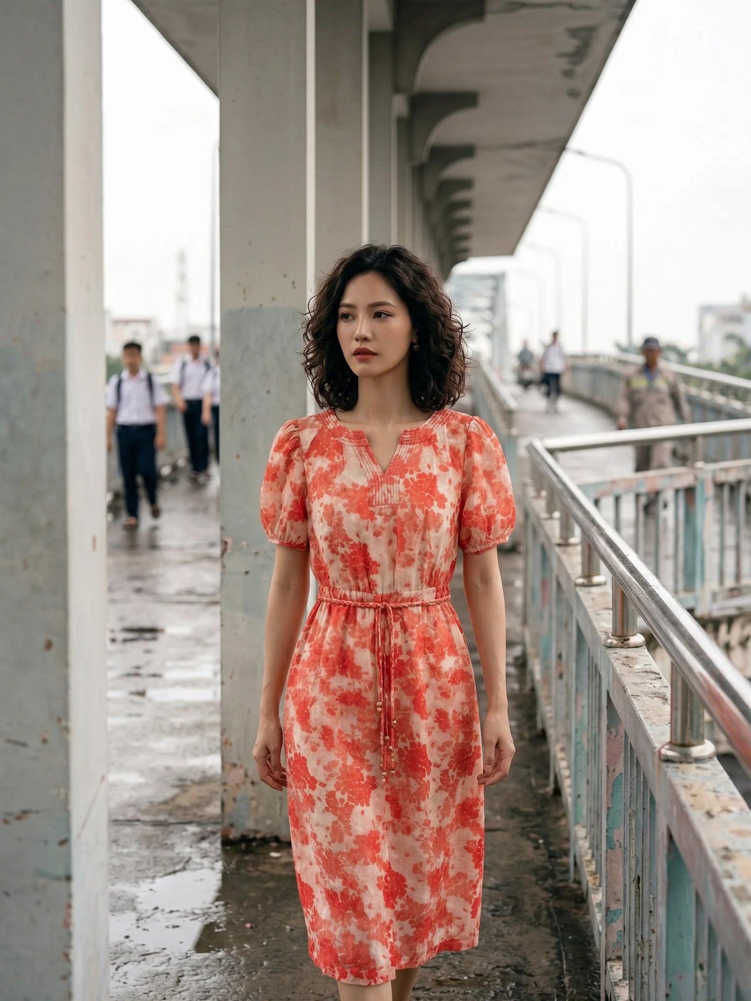 Đầm hoa thắt eo vải gai xanh ramie thời trang Hity
