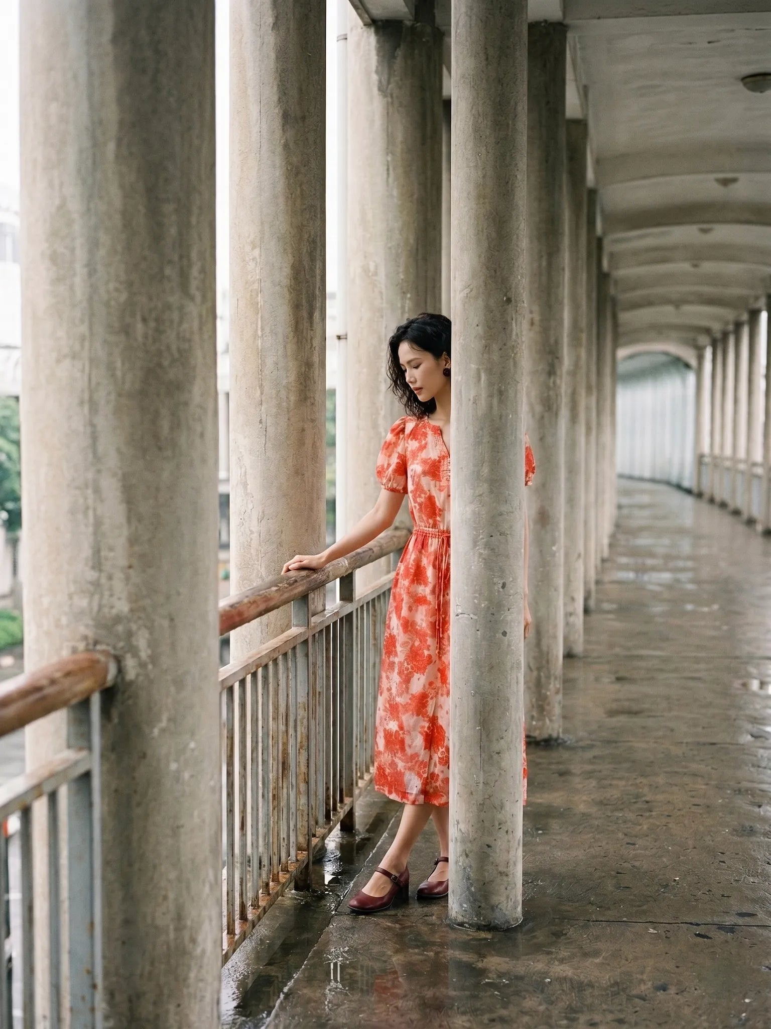 Đầm hoa thắt eo vải gai xanh ramie thời trang Hity