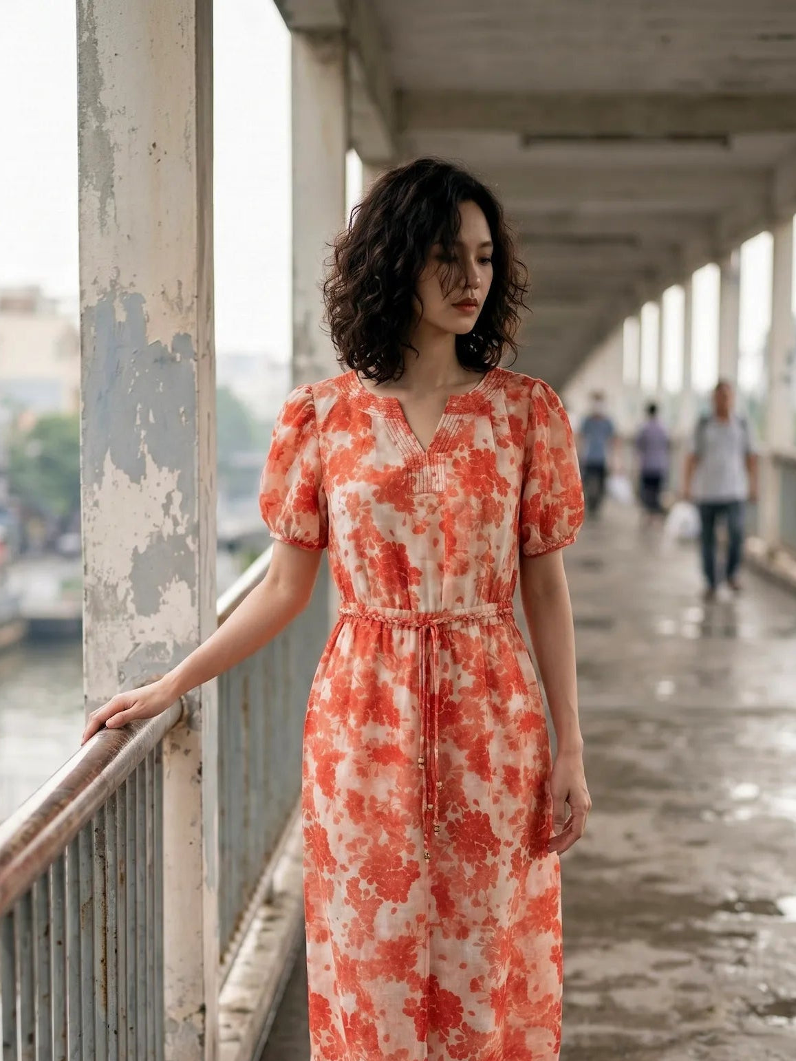 Đầm hoa thắt eo vải gai xanh ramie thời trang Hity