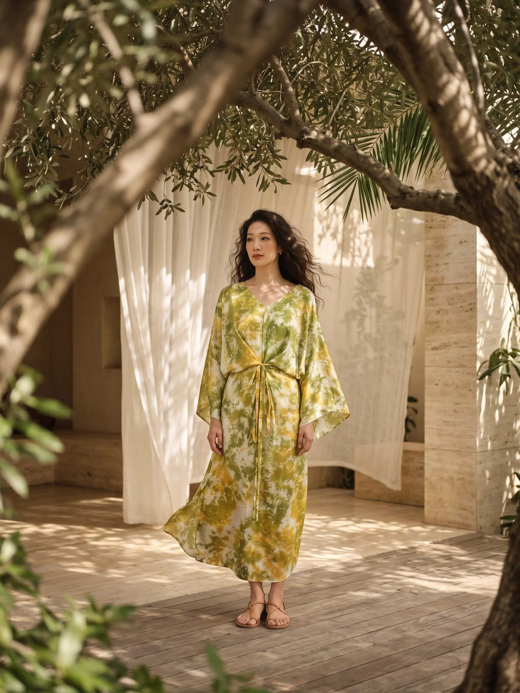 Đầm kaftan lụa tơ tằm nhuộm loang tie-dye thời trang Hity