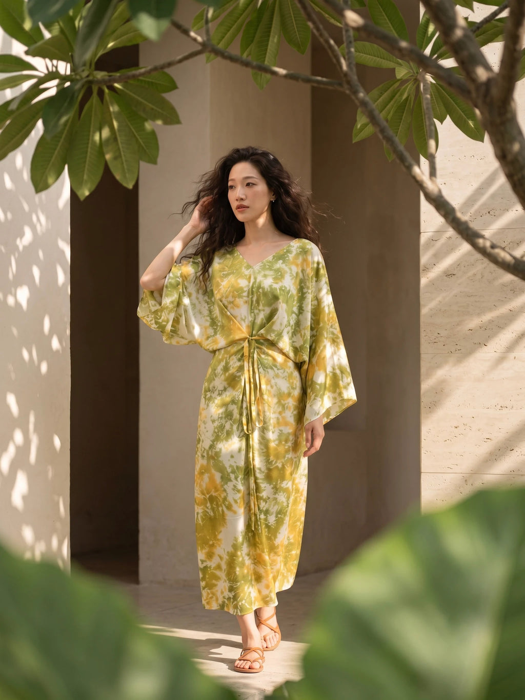 Đầm kaftan lụa tơ tằm nhuộm loang tie-dye thời trang Hity