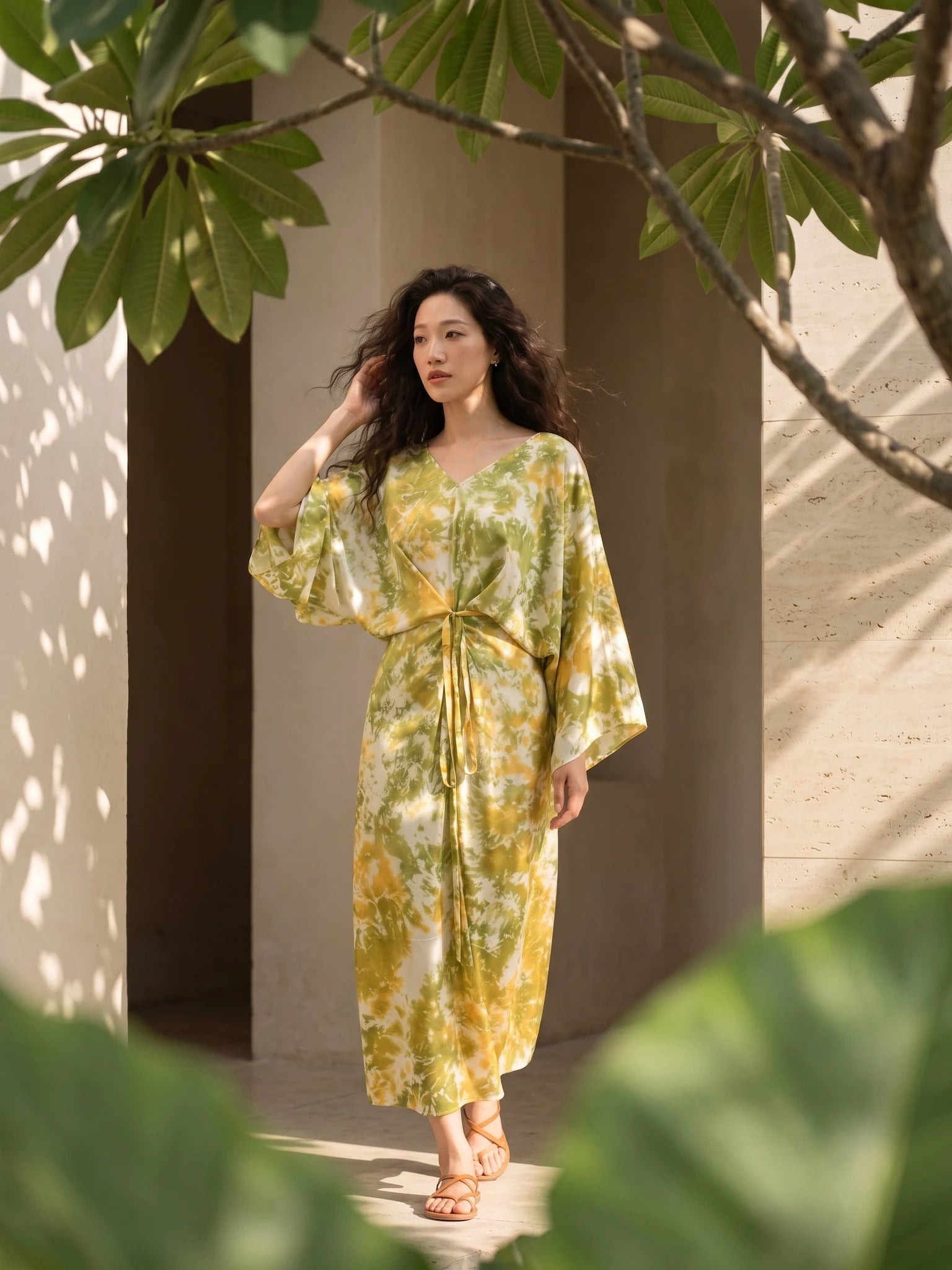 Đầm kaftan lụa tơ tằm nhuộm loang tie-dye thời trang Hity