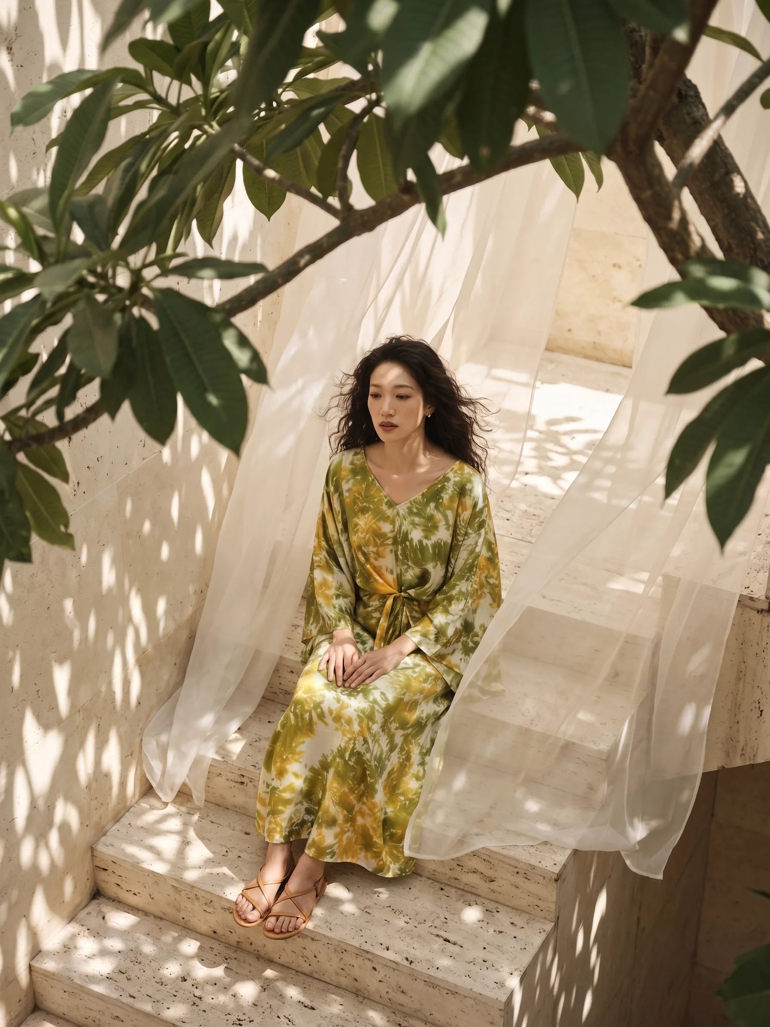 Đầm kaftan lụa tơ tằm nhuộm loang tie-dye thời trang Hity
