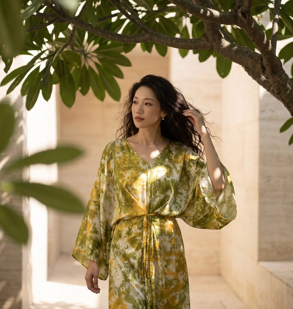 Đầm kaftan lụa tơ tằm nhuộm loang tie-dye thời trang Hity