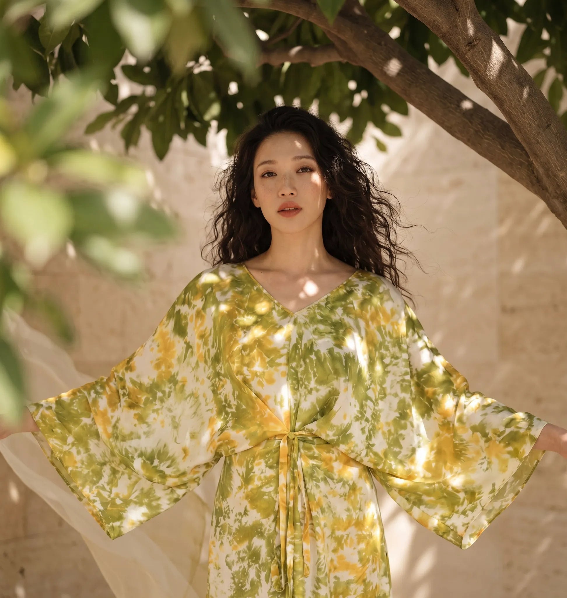 Đầm kaftan lụa tơ tằm nhuộm loang tie-dye thời trang Hity