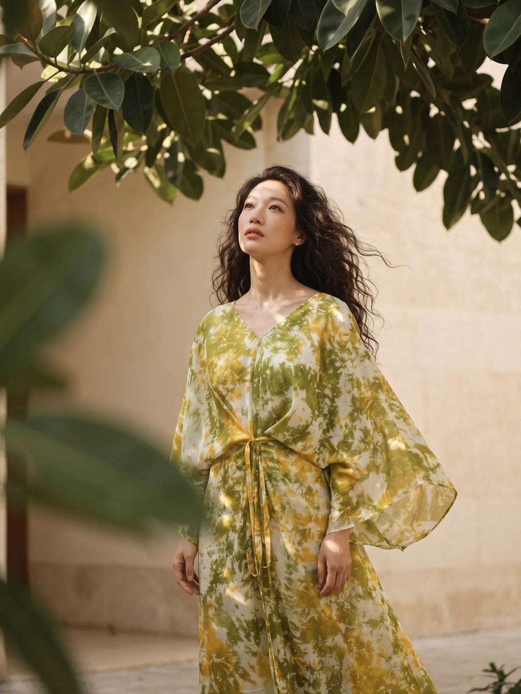 Đầm kaftan lụa tơ tằm nhuộm loang tie-dye thời trang Hity