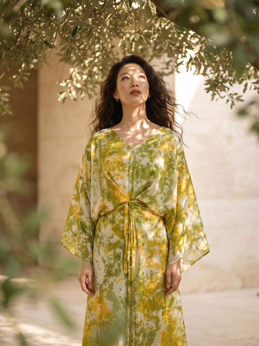 Đầm kaftan lụa tơ tằm nhuộm loang tie-dye thời trang Hity