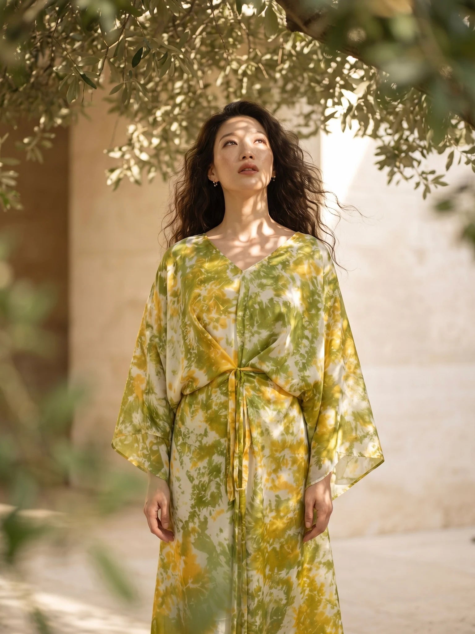Đầm kaftan lụa tơ tằm nhuộm loang tie-dye thời trang Hity