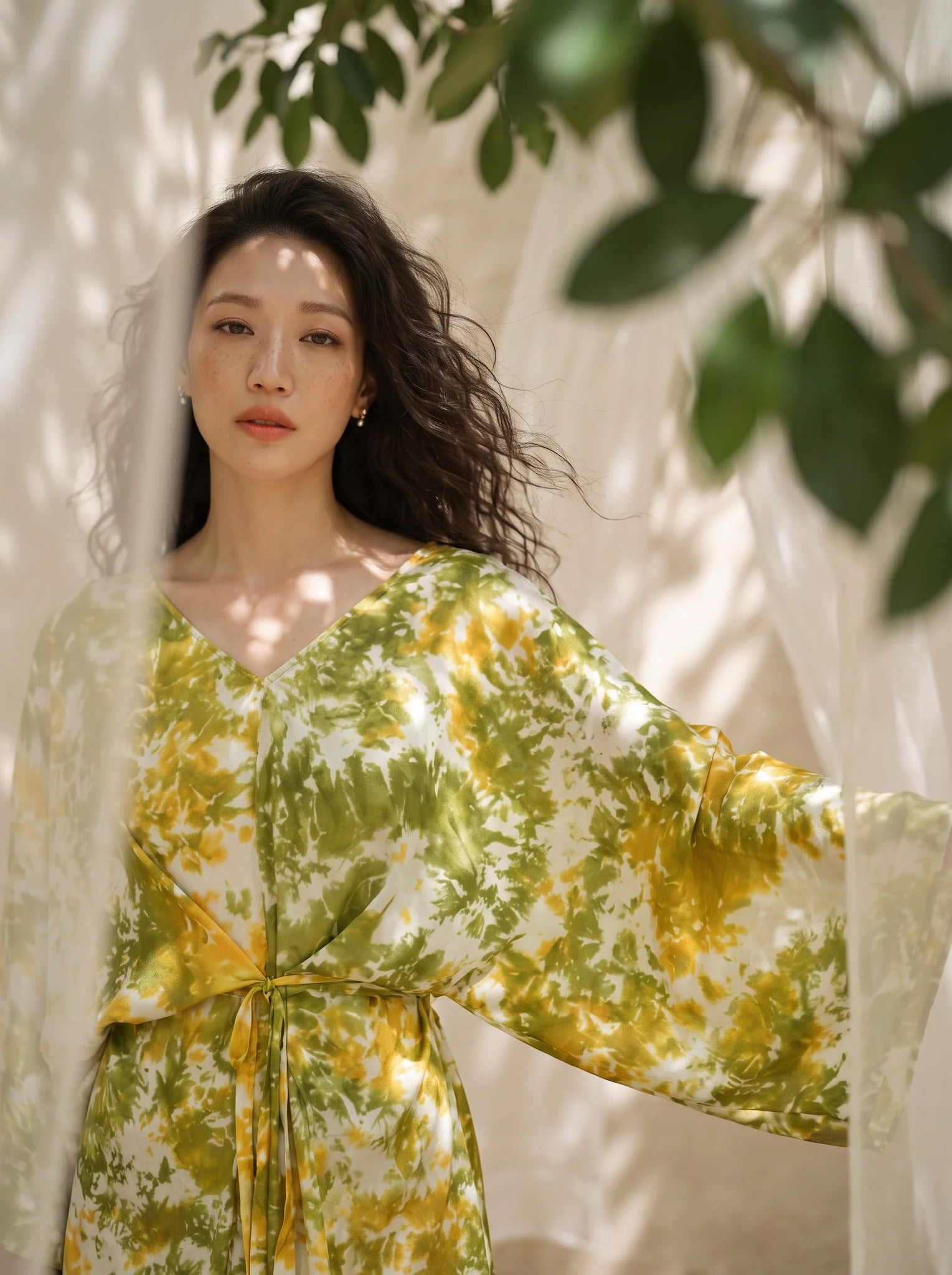 Đầm kaftan lụa tơ tằm nhuộm loang tie-dye thời trang Hity