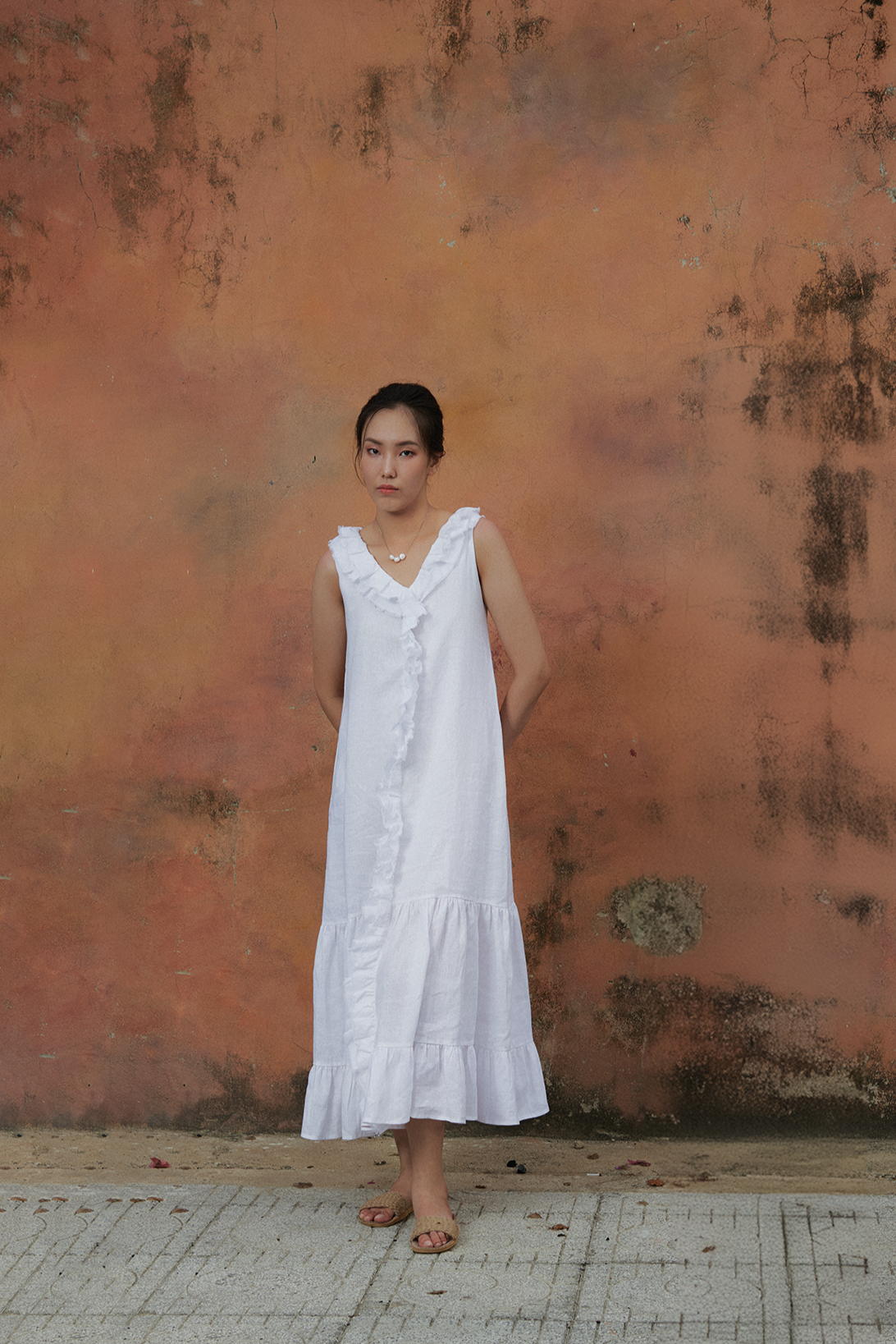 Đầm maxi suông linen trắng thêu rua chỉ thời trang Hity