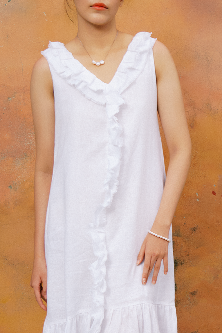 Đầm maxi suông linen trắng thêu rua chỉ thời trang Hity