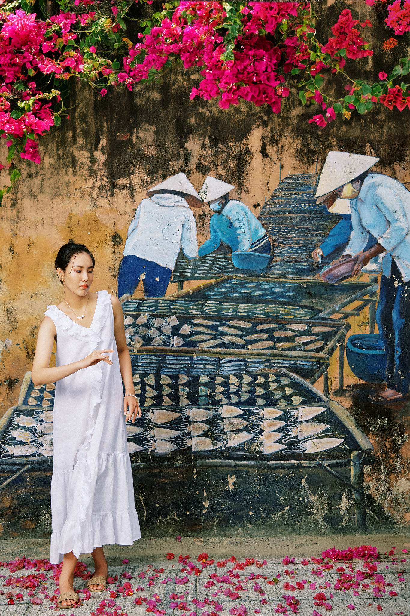 Đầm maxi suông linen trắng thêu rua chỉ thời trang Hity