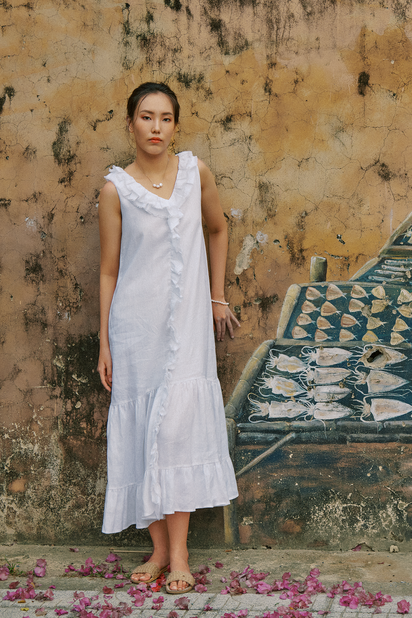 Đầm maxi suông linen trắng thêu rua chỉ thời trang Hity