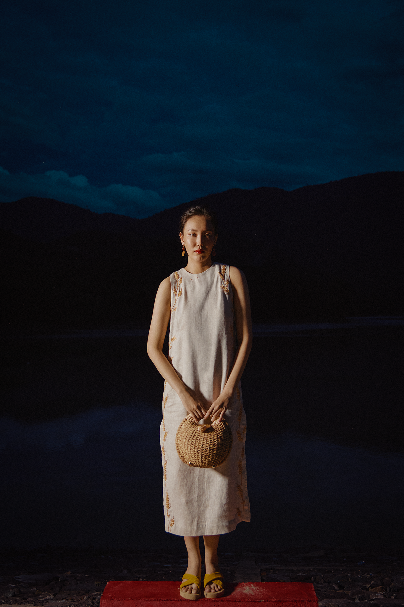 Đầm suông dáng dài xẻ tà linen thêu tay bông lúa thời trang Hity