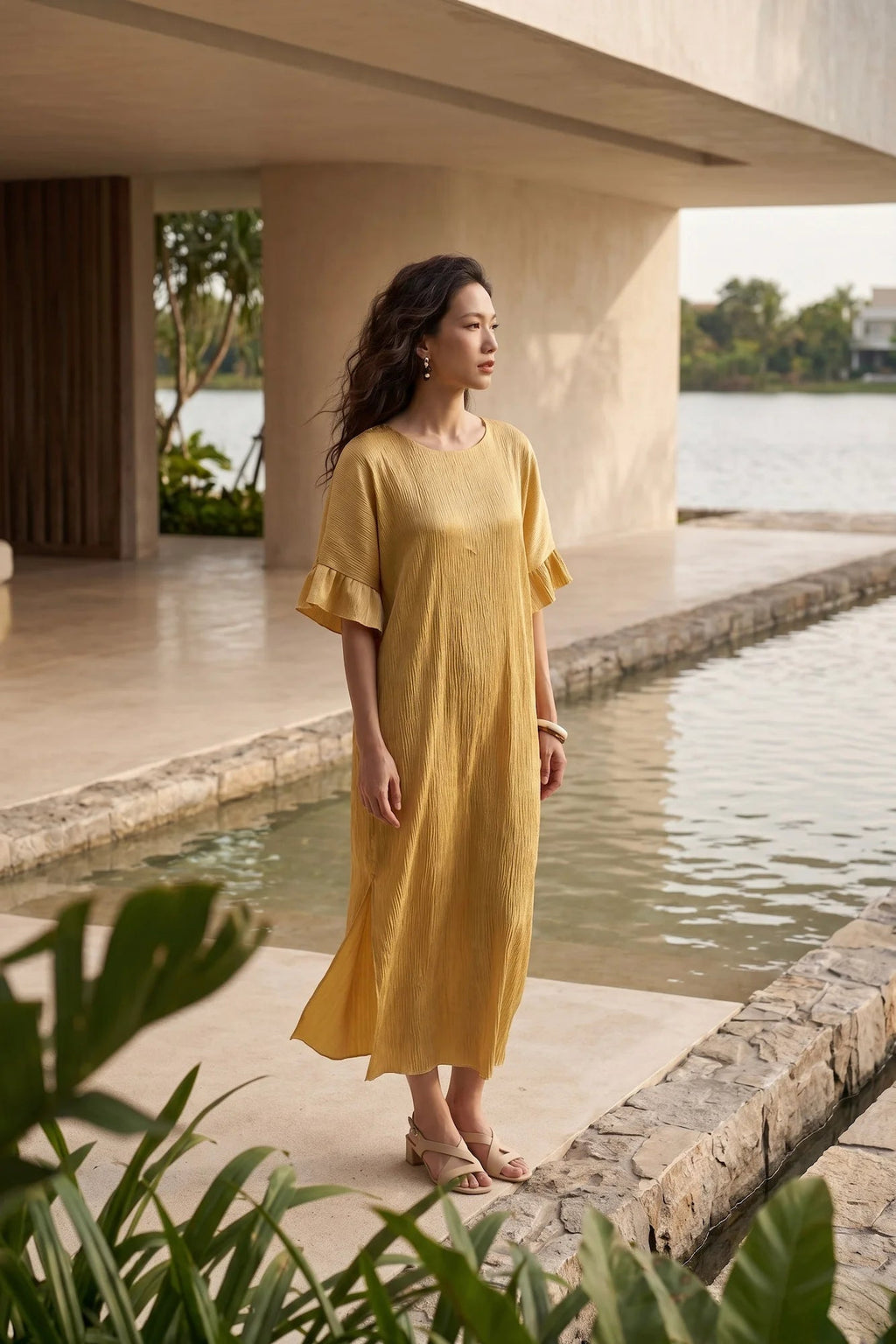 Đầm lụa dún Tám Lăng vàng rễ cây nhàu thời trang Hity
