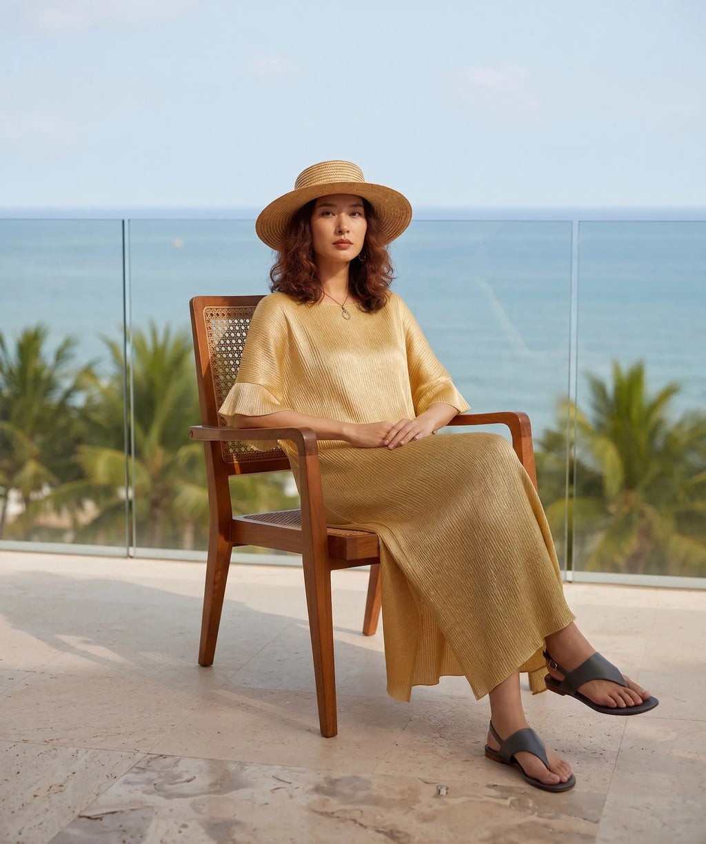 Đầm lụa dún Tám Lăng vàng rễ cây nhàu thời trang Hity
