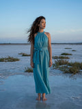 Đầm maxi cổ yếm halter linen xanh biển thời trang Hity