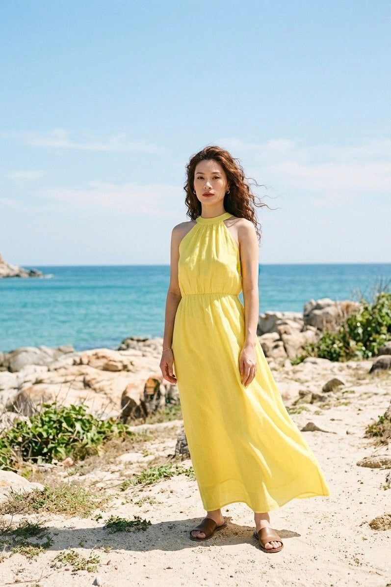 Đầm maxi cổ yếm linen vàng thời trang Hity