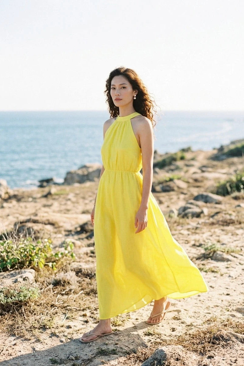 Đầm maxi cổ yếm linen vàng thời trang Hity