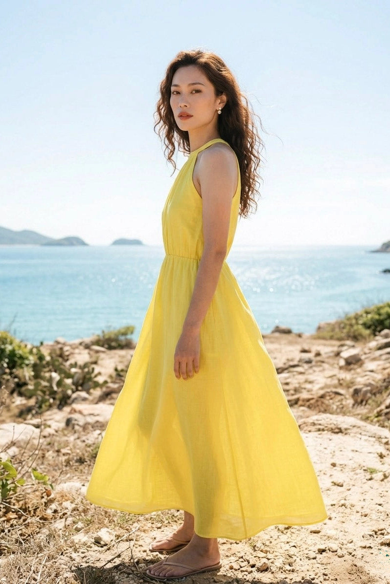 Đầm maxi cổ yếm linen vàng thời trang Hity