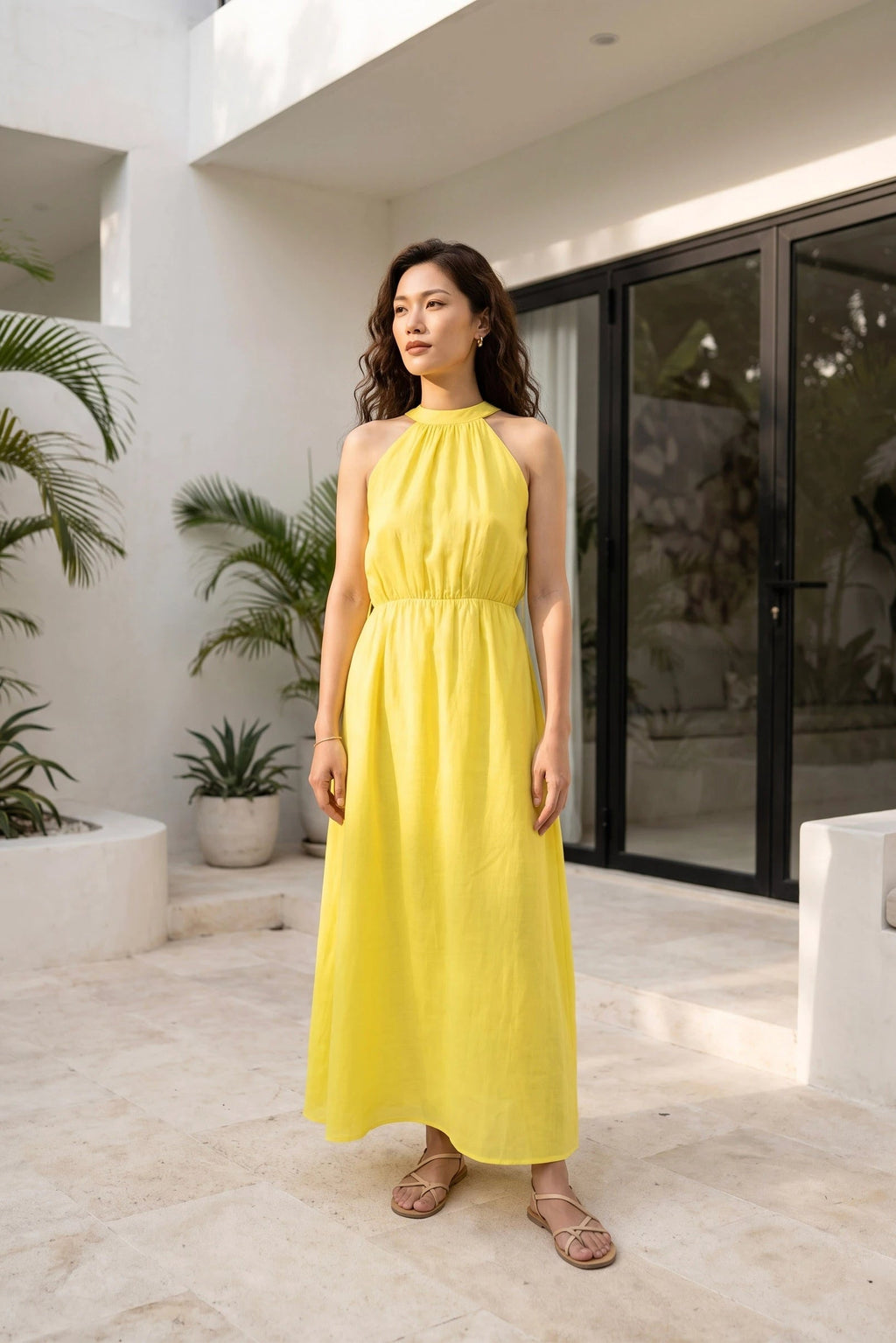 Đầm maxi cổ yếm linen vàng thời trang Hity