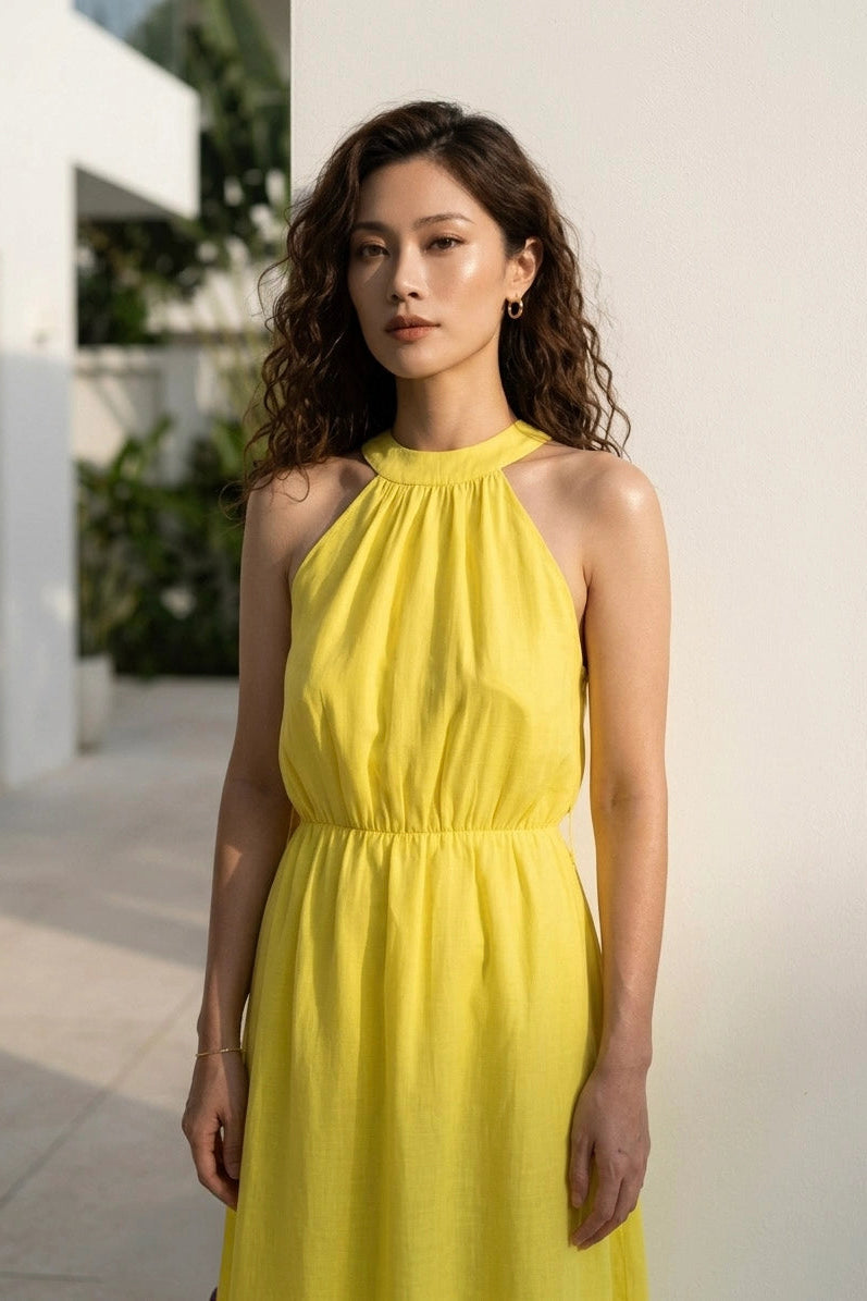 Đầm maxi cổ yếm linen vàng thời trang Hity