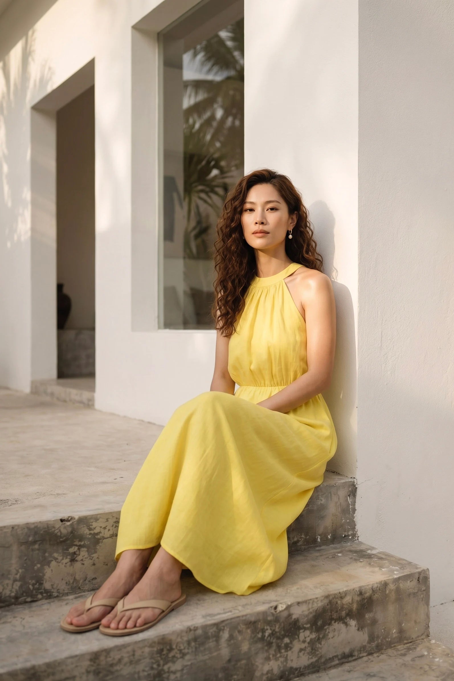 Đầm maxi cổ yếm linen vàng thời trang Hity