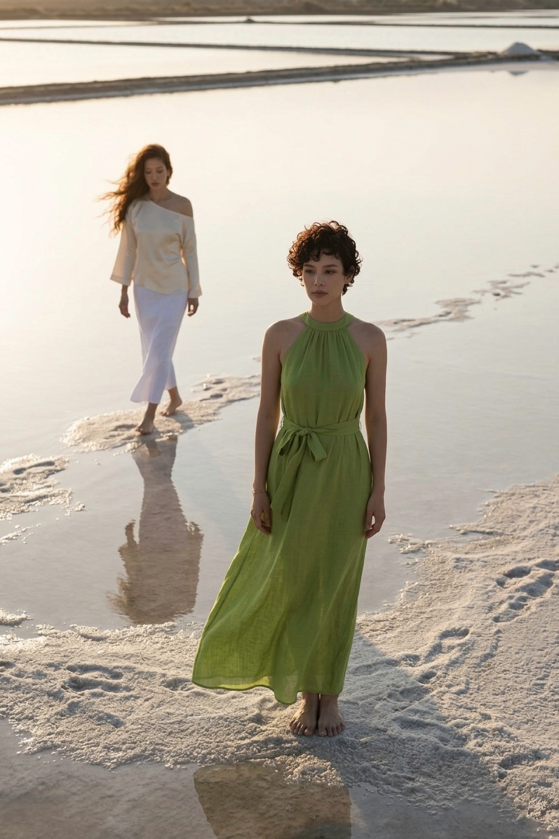 Đầm maxi cổ yếm linen xanh lá thời trang Hity