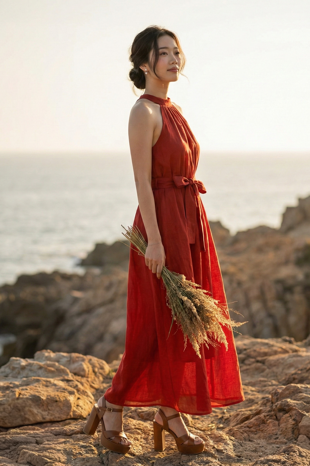 Đầm maxi dáng dài cổ yếm linen đỏ thời trang Hity