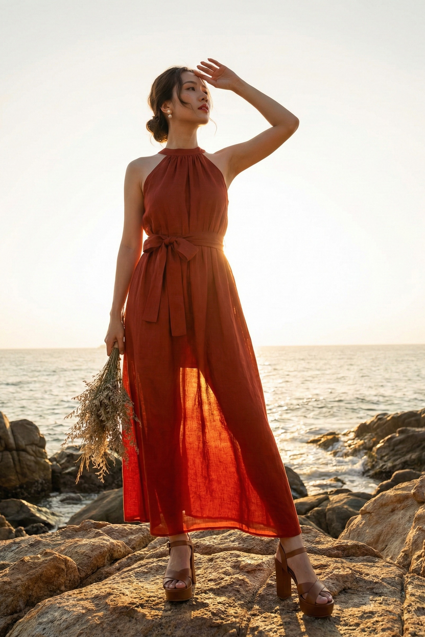 Đầm maxi dáng dài cổ yếm linen đỏ thời trang Hity