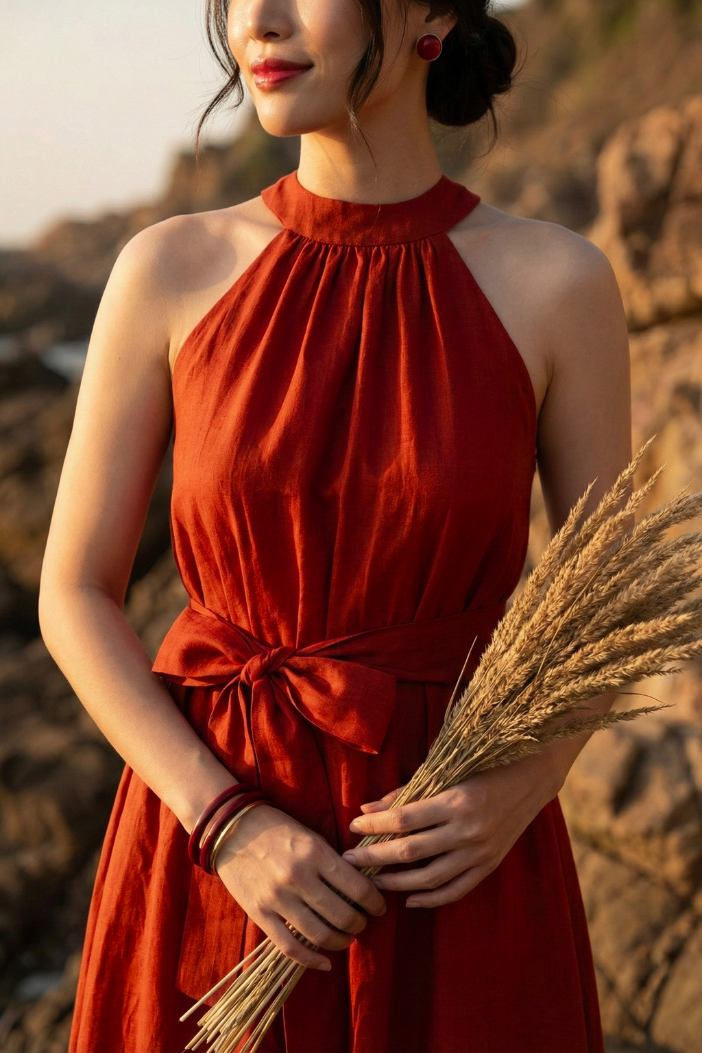 Đầm maxi dáng dài cổ yếm linen đỏ thời trang Hity