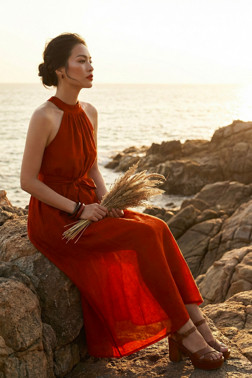 Đầm maxi dáng dài cổ yếm linen đỏ thời trang Hity