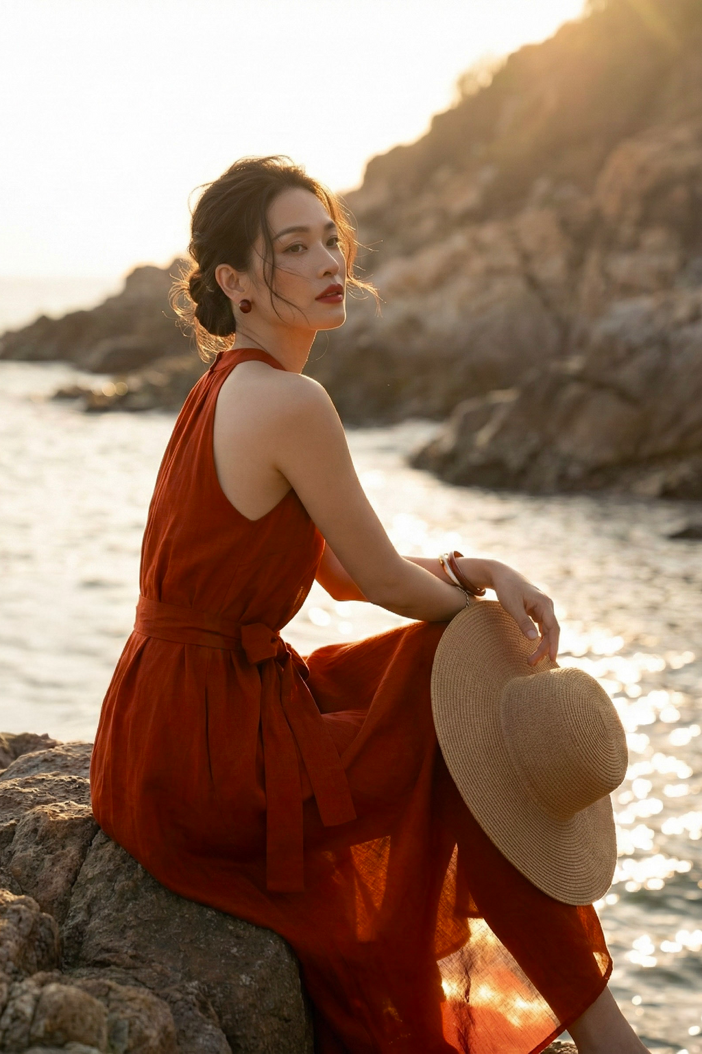 Đầm maxi dáng dài cổ yếm linen đỏ thời trang Hity