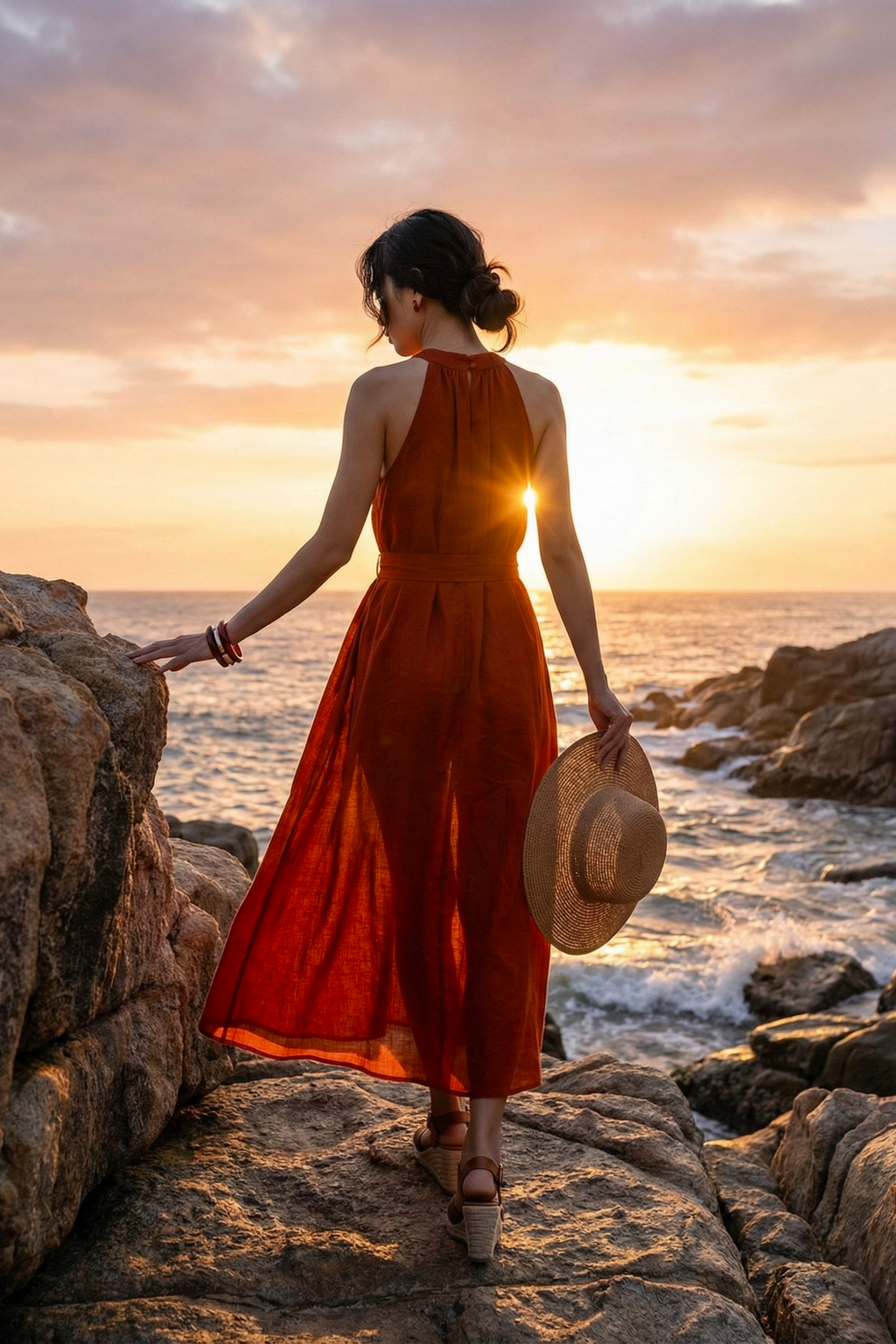 Đầm maxi dáng dài cổ yếm linen đỏ thời trang Hity