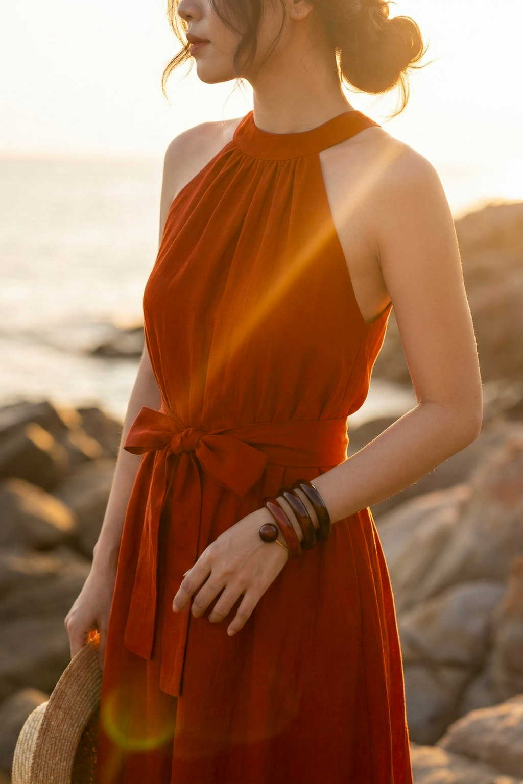 Đầm maxi dáng dài cổ yếm linen đỏ thời trang Hity