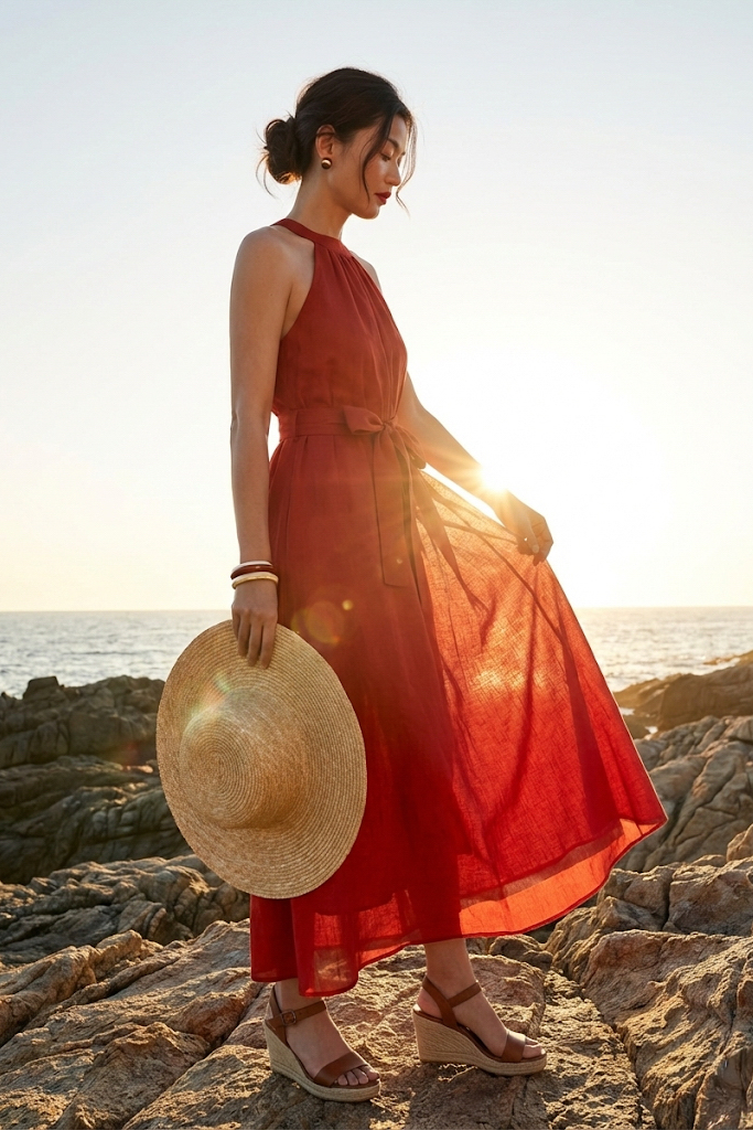 Đầm maxi dáng dài cổ yếm linen đỏ thời trang Hity