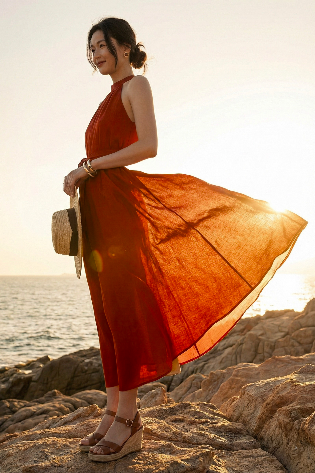 Đầm maxi dáng dài cổ yếm linen đỏ thời trang Hity