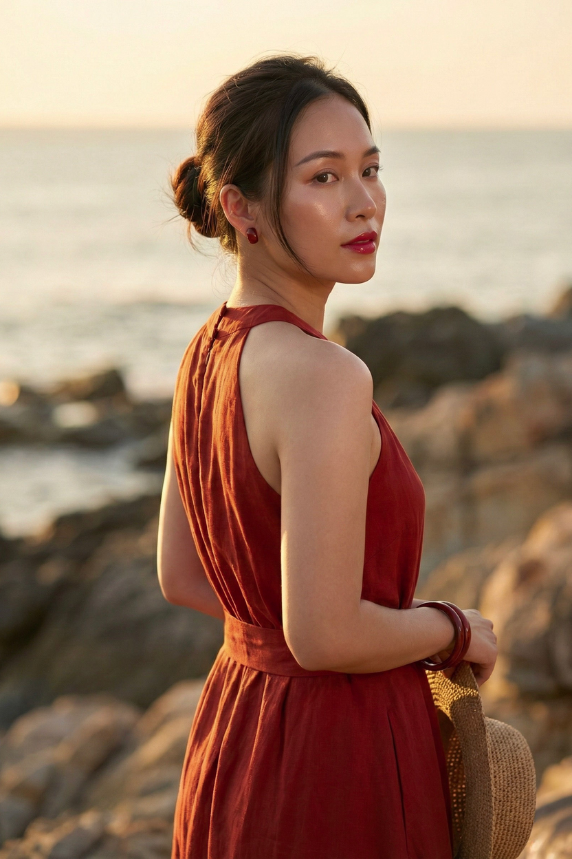 Đầm maxi dáng dài cổ yếm linen đỏ thời trang Hity