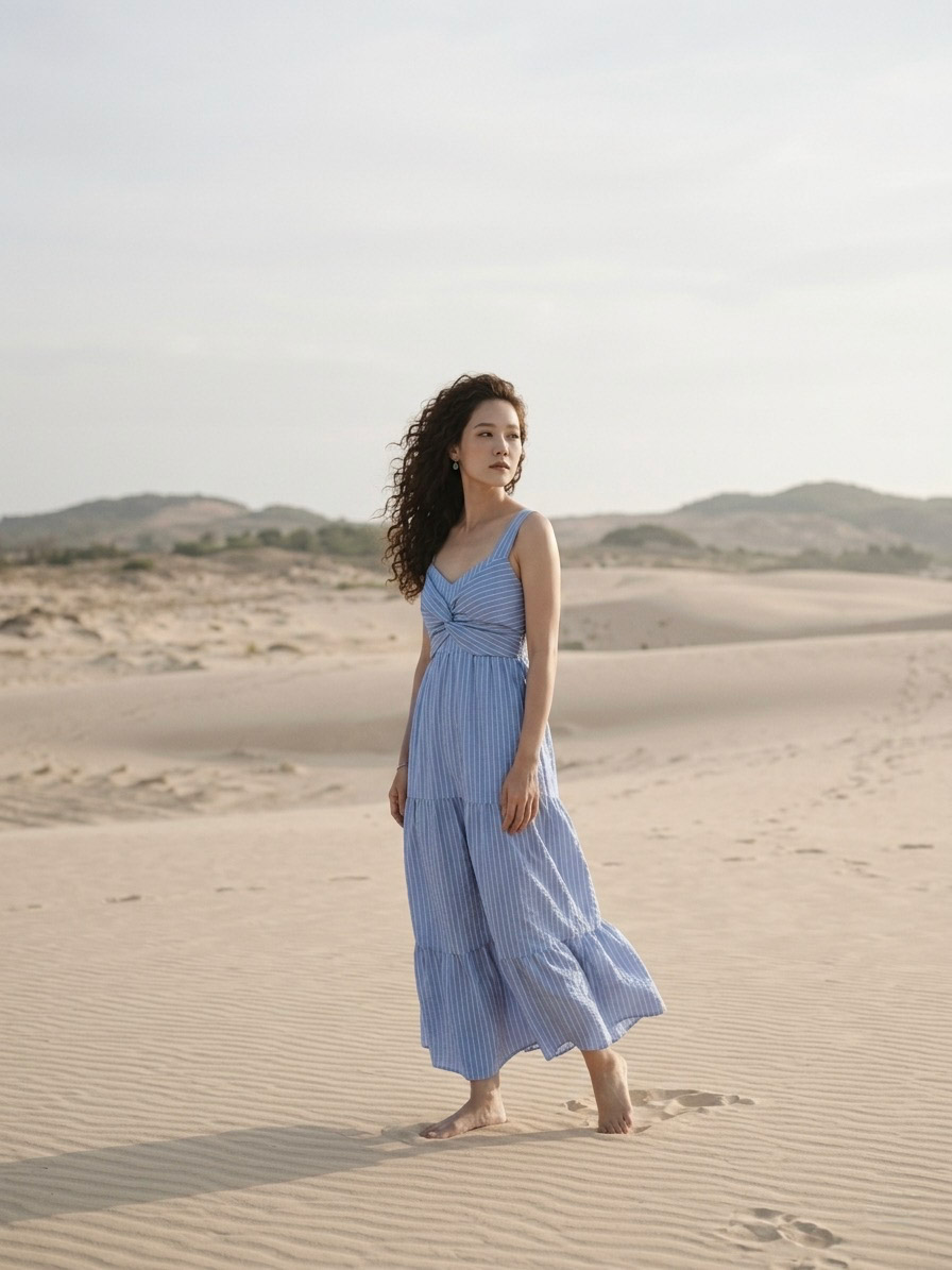 Đầm maxi cotton sọc xanh thời trang Hity