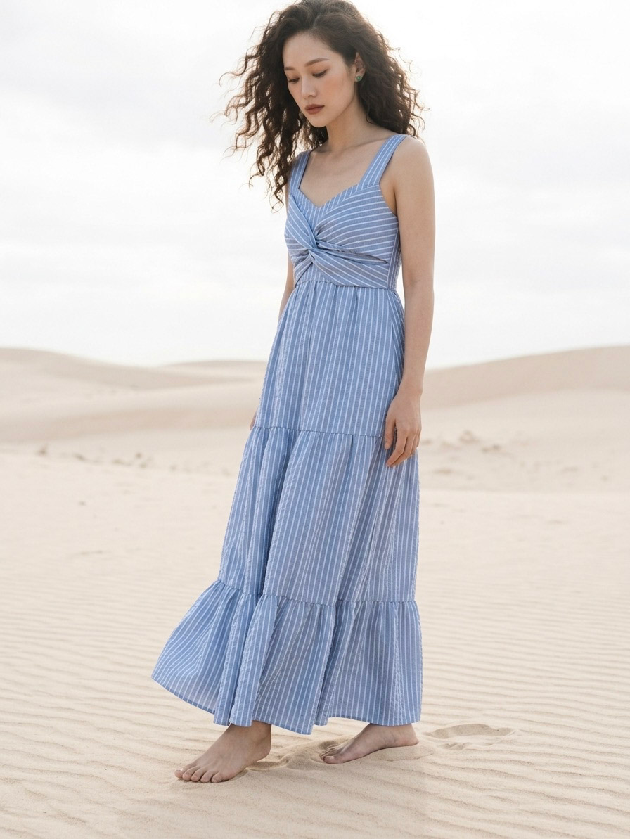 Đầm maxi cotton sọc xanh thời trang Hity