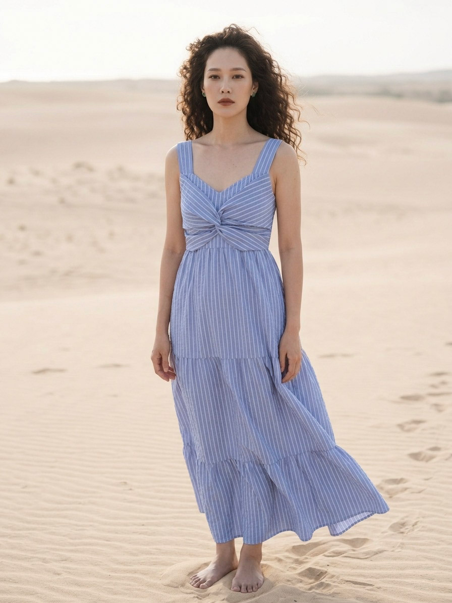 Đầm maxi cotton sọc xanh thời trang Hity