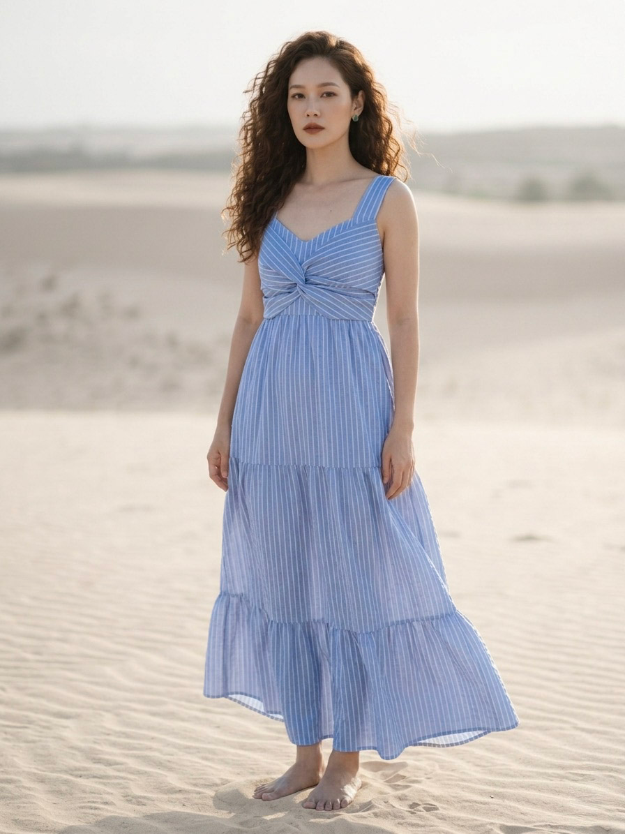 Đầm maxi cotton sọc xanh thời trang Hity