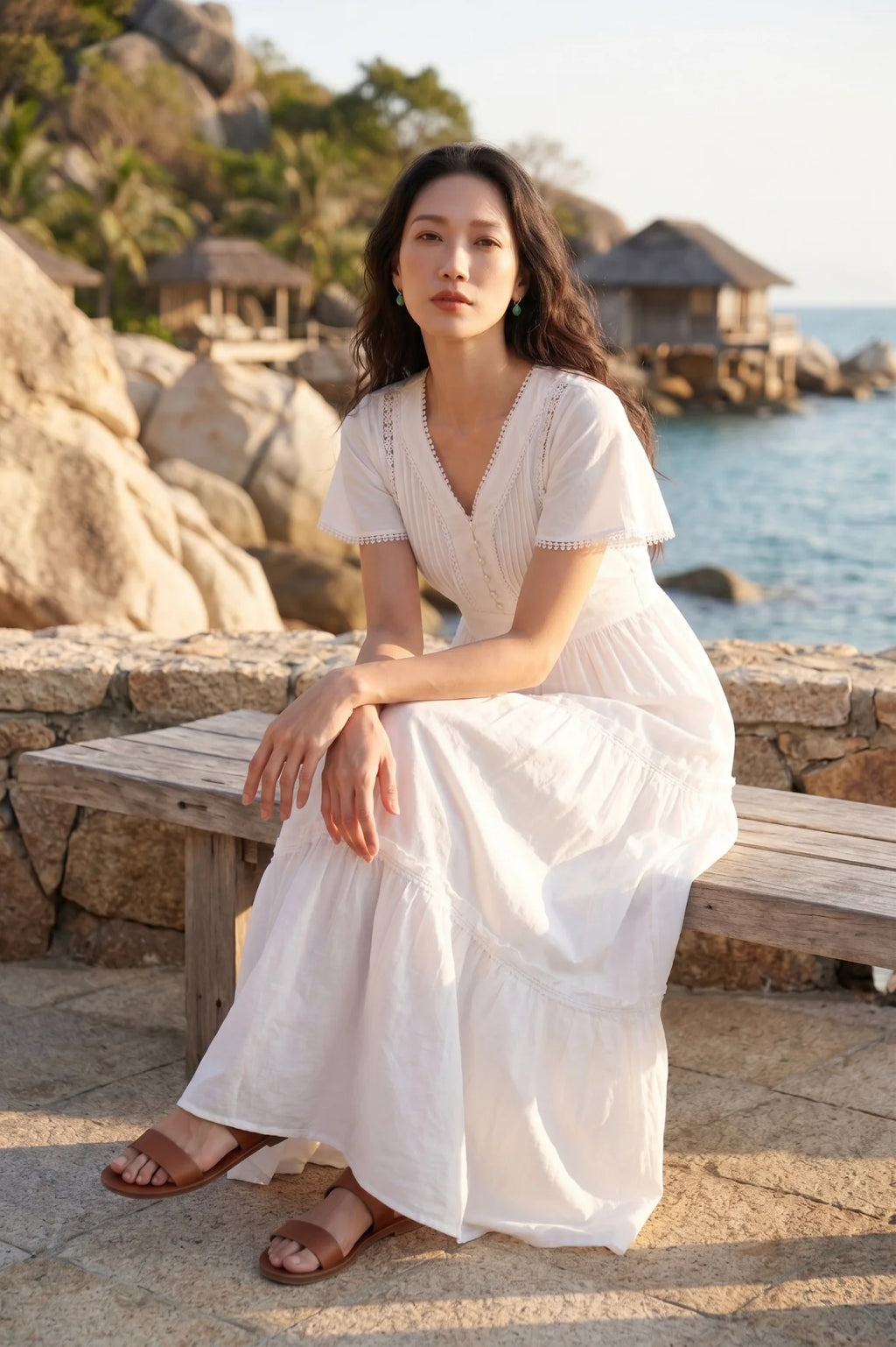 Đầm maxi đi biển cotton trắng thời trang Hity