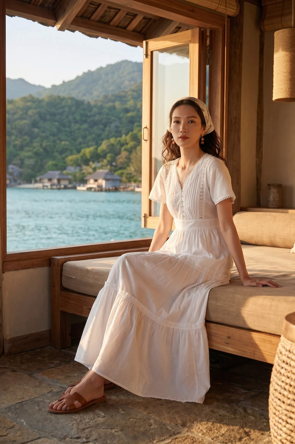 Đầm maxi đi biển cotton trắng thời trang Hity