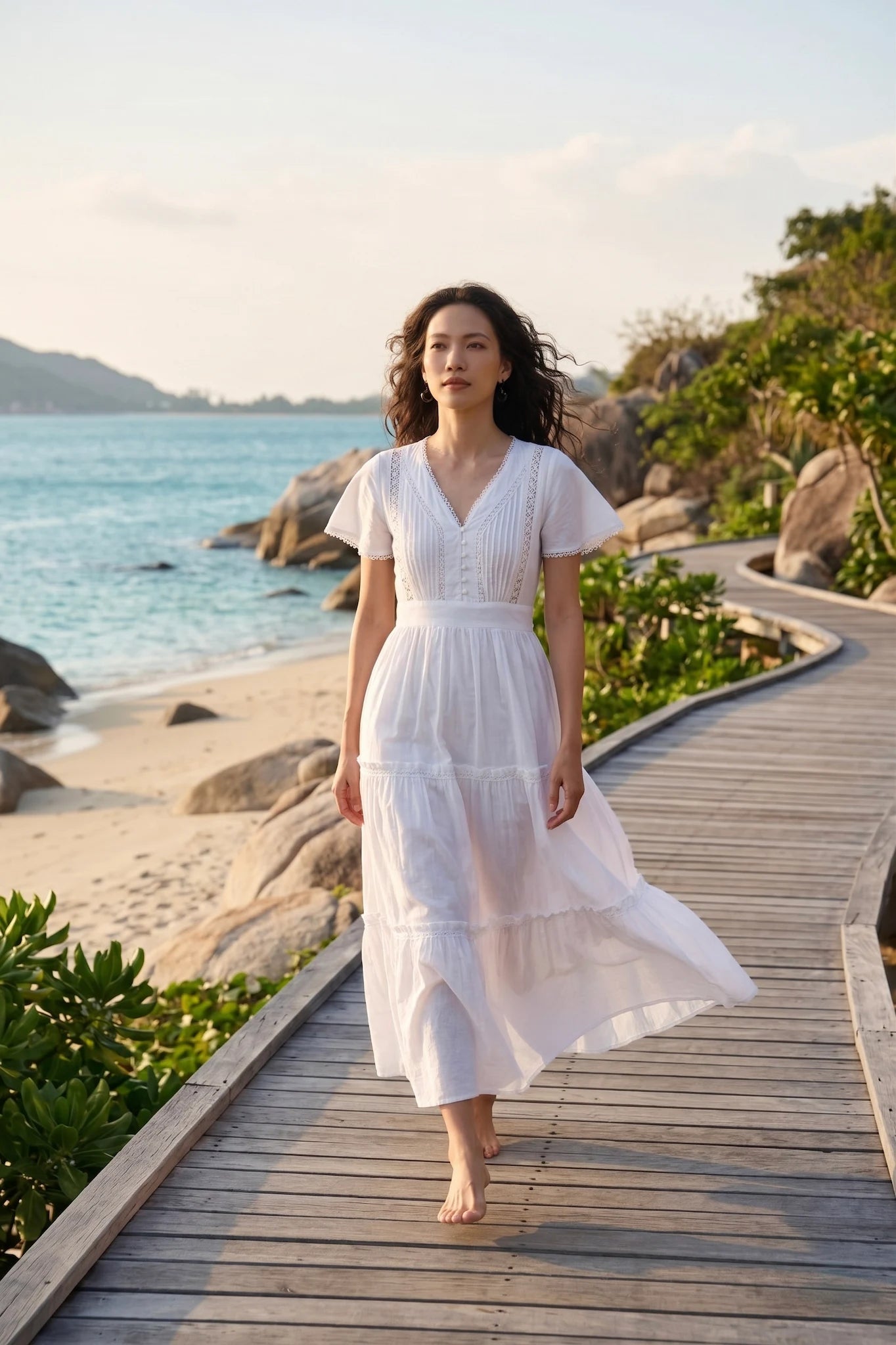 Đầm maxi đi biển cotton trắng thời trang Hity