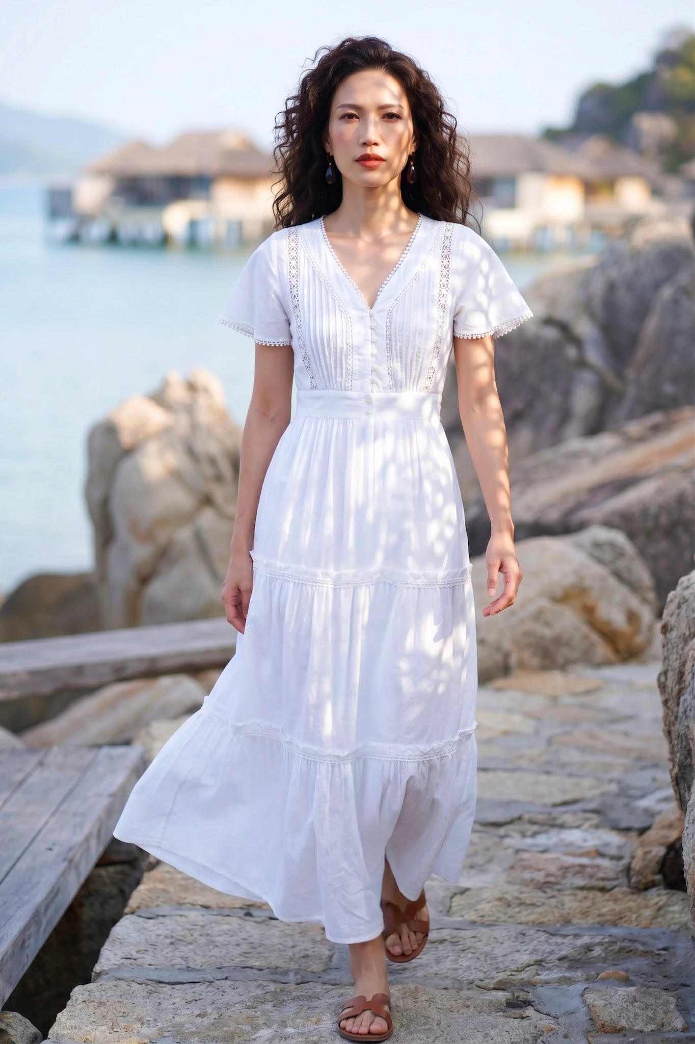 Đầm maxi đi biển cotton trắng thời trang Hity