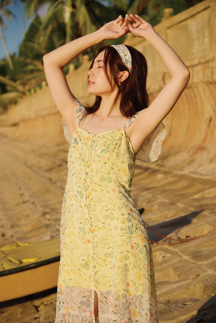 Đầm maxi 2 dây hoa nhí vàng thời trang Hity